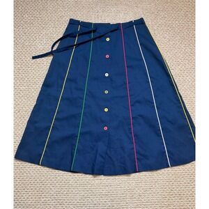 Vintage Navy‎ Blue Rainbow Stripe Button Front A-Line Skirt Midi euro summer 6